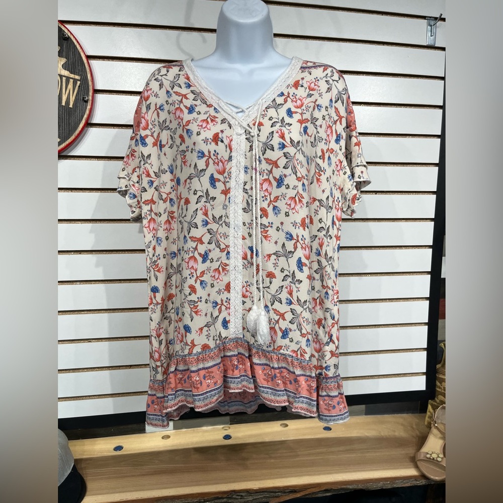 Boho Floral Tassel Tie Cream Blouse with Coral Trim - Picture 2 of 9